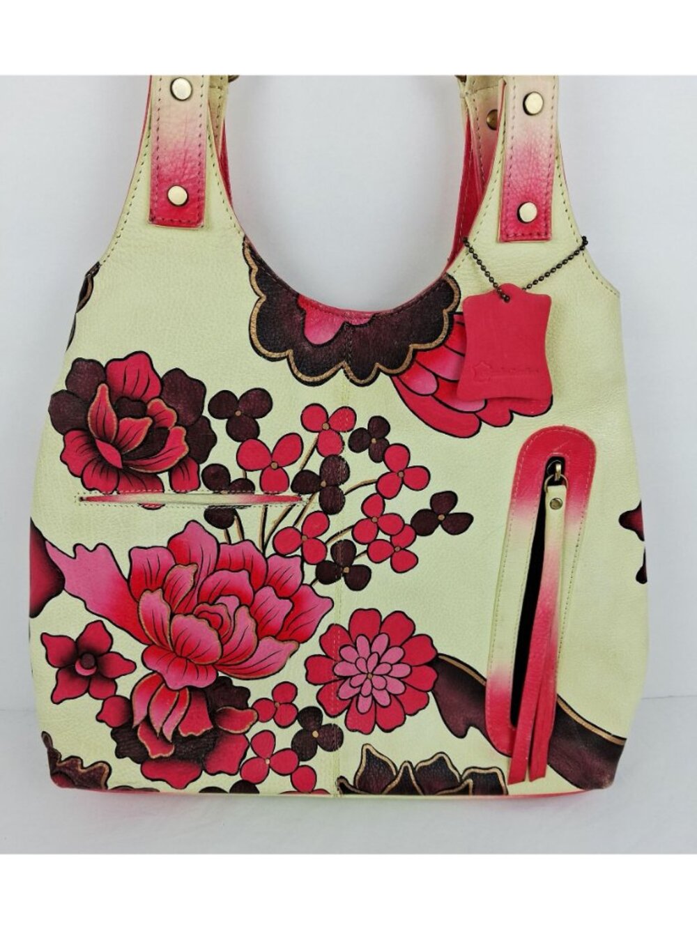 Retro 60s 70s Red Cream Floral Genuine Soft Leather Shoulder Bag Double Handle - Picture 6 of 16